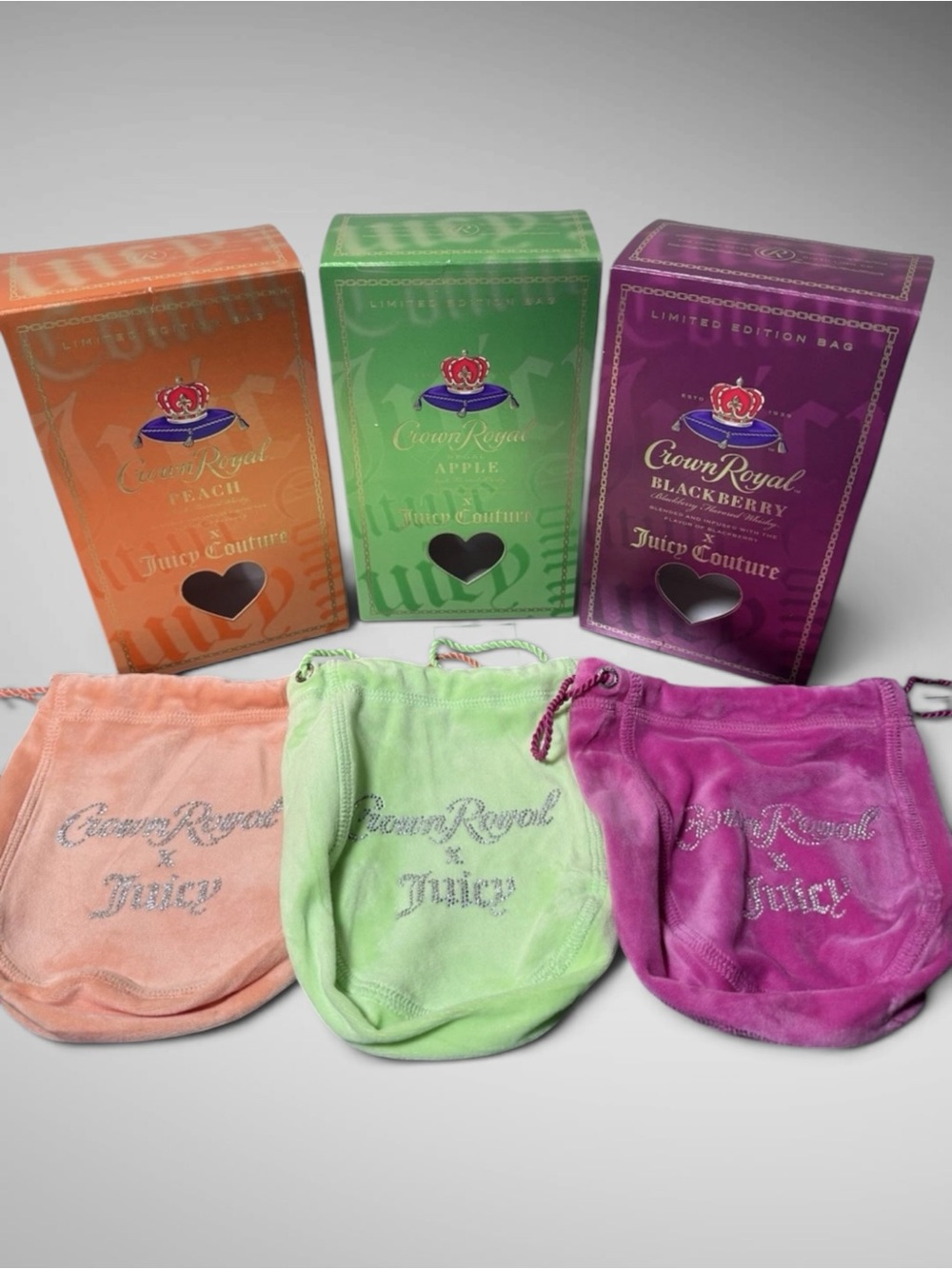 Crown Royal x Juicy Couture Velvet Bag Set Apple Peach Blackberry Limited
